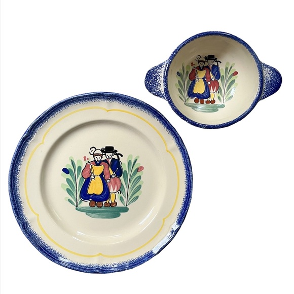 Set of 2 FAIENCERIE DE PORNIC France ~ BRETAGNE Hand Painted Bowl and Plate - Picture 1 of 8